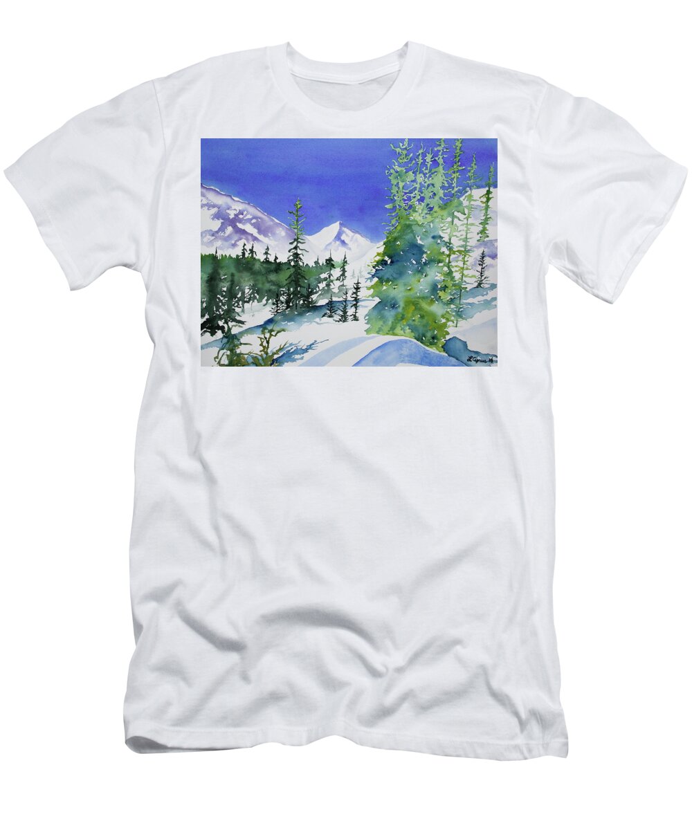 Mountain T-Shirt featuring the painting Watercolor - Sunny Winter Day in the Mountains by Cascade Colors