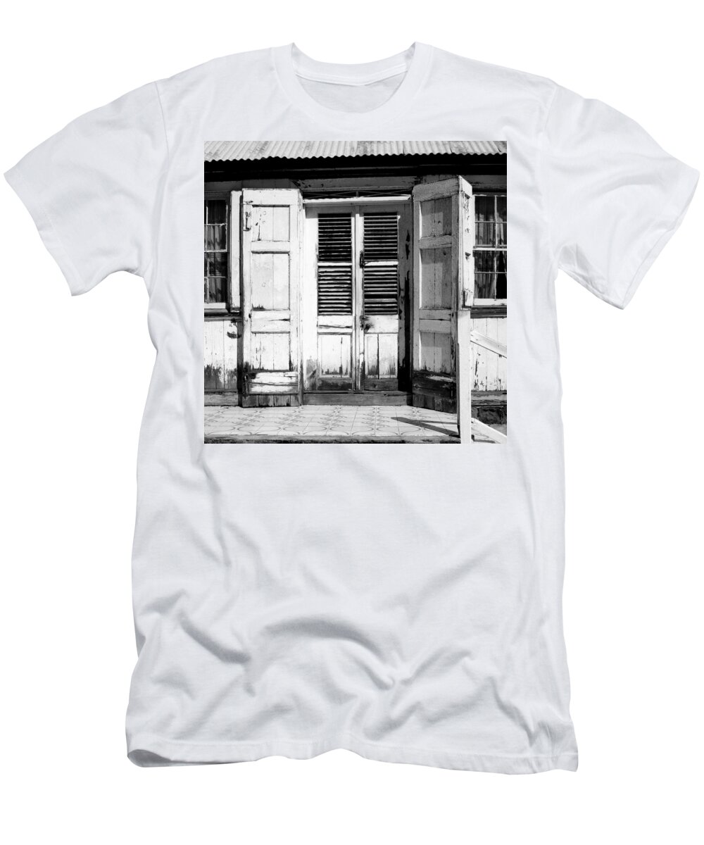 House T-Shirt featuring the photograph Weathered White Doors by Perry Webster