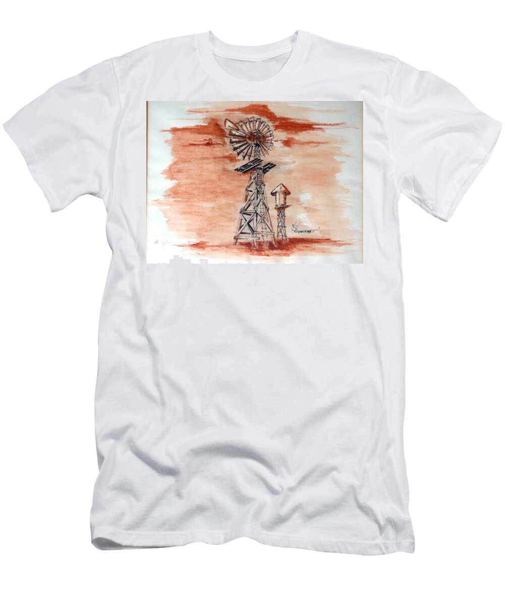 Windmill T-Shirt featuring the mixed media West Texas Windmill by Kem Himelright