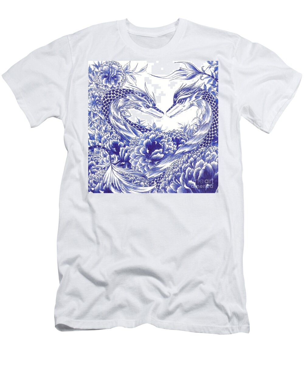 Dragon T-Shirt featuring the drawing When Our Eyes Meet by Alice Chen