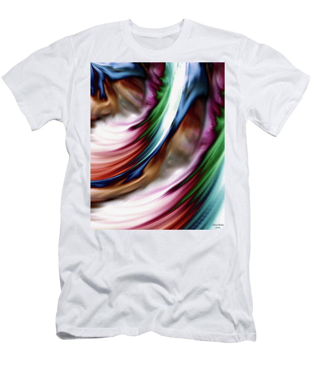 Flow T-Shirt featuring the digital art Whirlwind Rainbow Golden Snow by Rolando Burbon