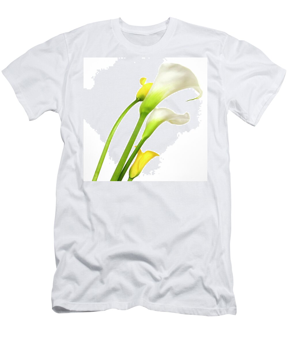 Arome T-Shirt featuring the photograph White arums in studio. Flowers. by Bernard Jaubert