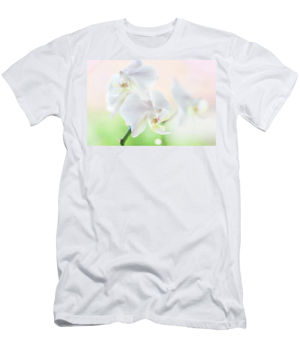 Jenny Rainbow Fine Art Photography T-Shirt featuring the photograph White Orchid Macro 21. Series Elegance by Jenny Rainbow