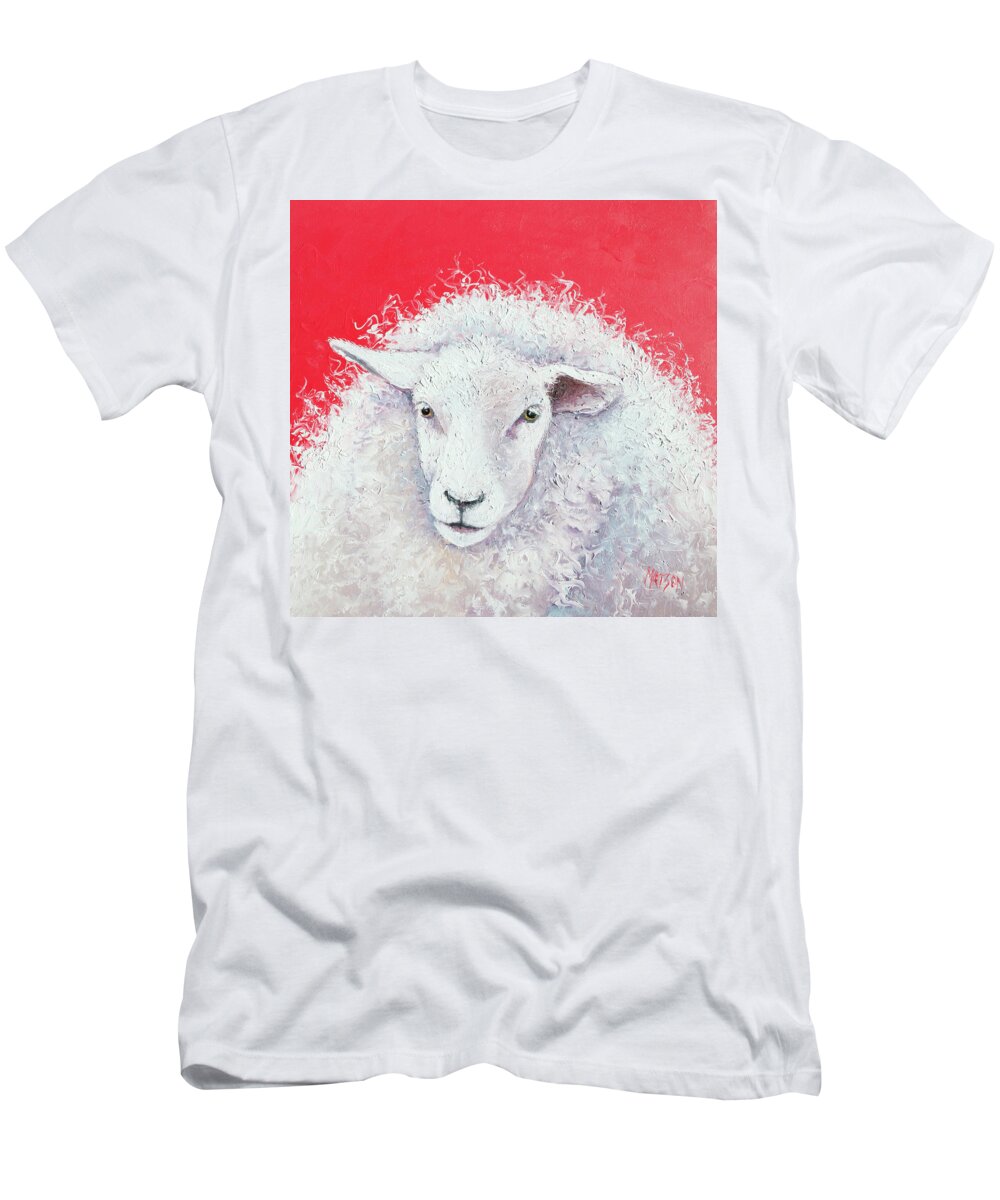 Sheep T-Shirt featuring the painting White Sheep on red background by Jan Matson