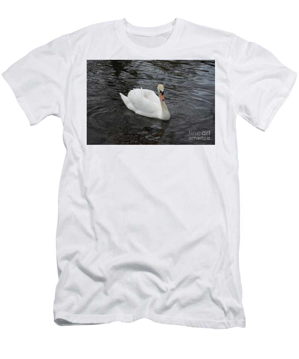 Swan T-Shirt featuring the photograph White Trumpet Swan Swimming in a Pond on a Spring Day by DejaVu Designs