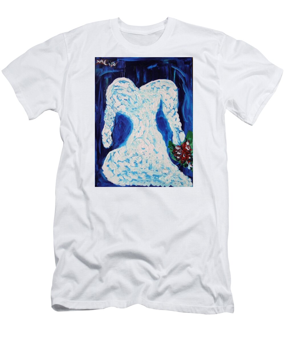 White Wedding Dress T-Shirt featuring the painting White Wedding Dress on Blue by Mary Carol Williams