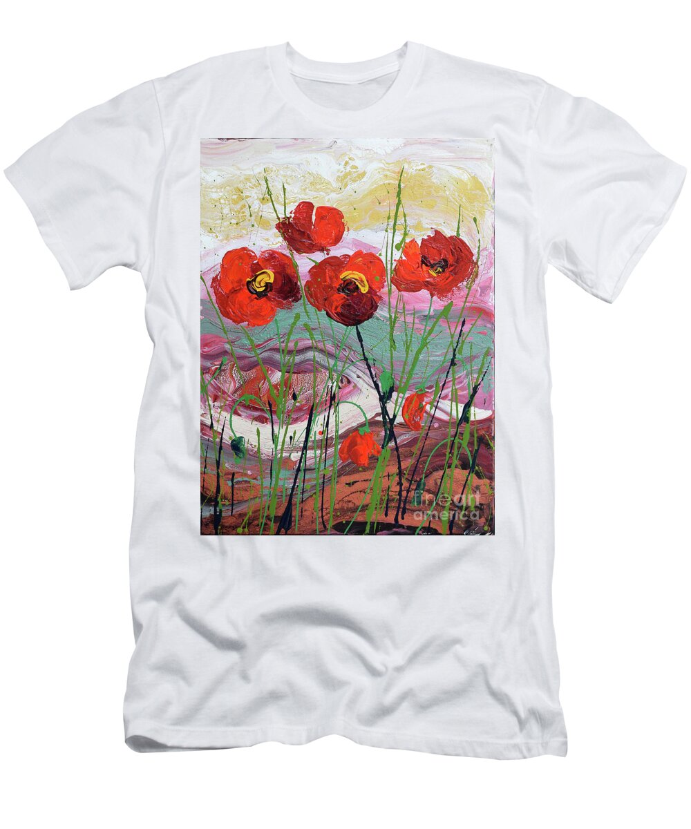 Wild Poppies - Triptych T-Shirt featuring the painting Wild Poppies - 3 by Jyotika Shroff