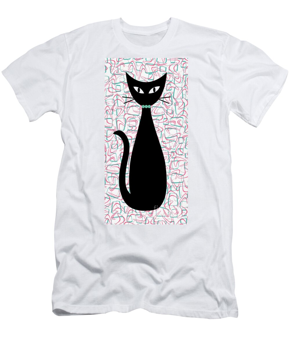 Mid Century Modern T-Shirt featuring the digital art Boomerang Cat in Aqua and Pink by Donna Mibus