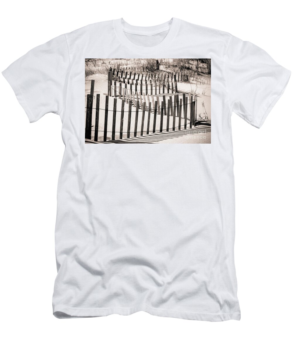 Beach Fence T-Shirt featuring the photograph Winding Beach Fences in Sepia by Colleen Kammerer
