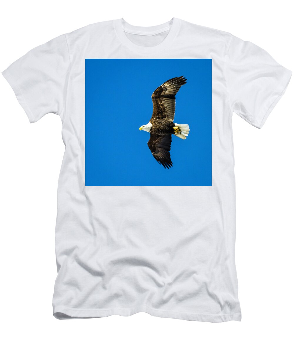Eagle T-Shirt featuring the photograph Winging Home for Dinner by John Roach
