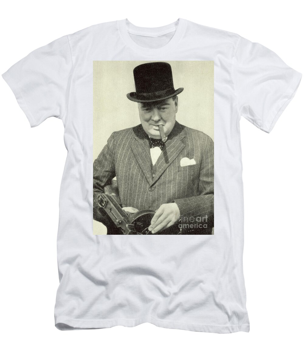 Churchill T-Shirt featuring the photograph Winston Churchill with machine gun, cigar and hat, WW2 propaganda image by English School