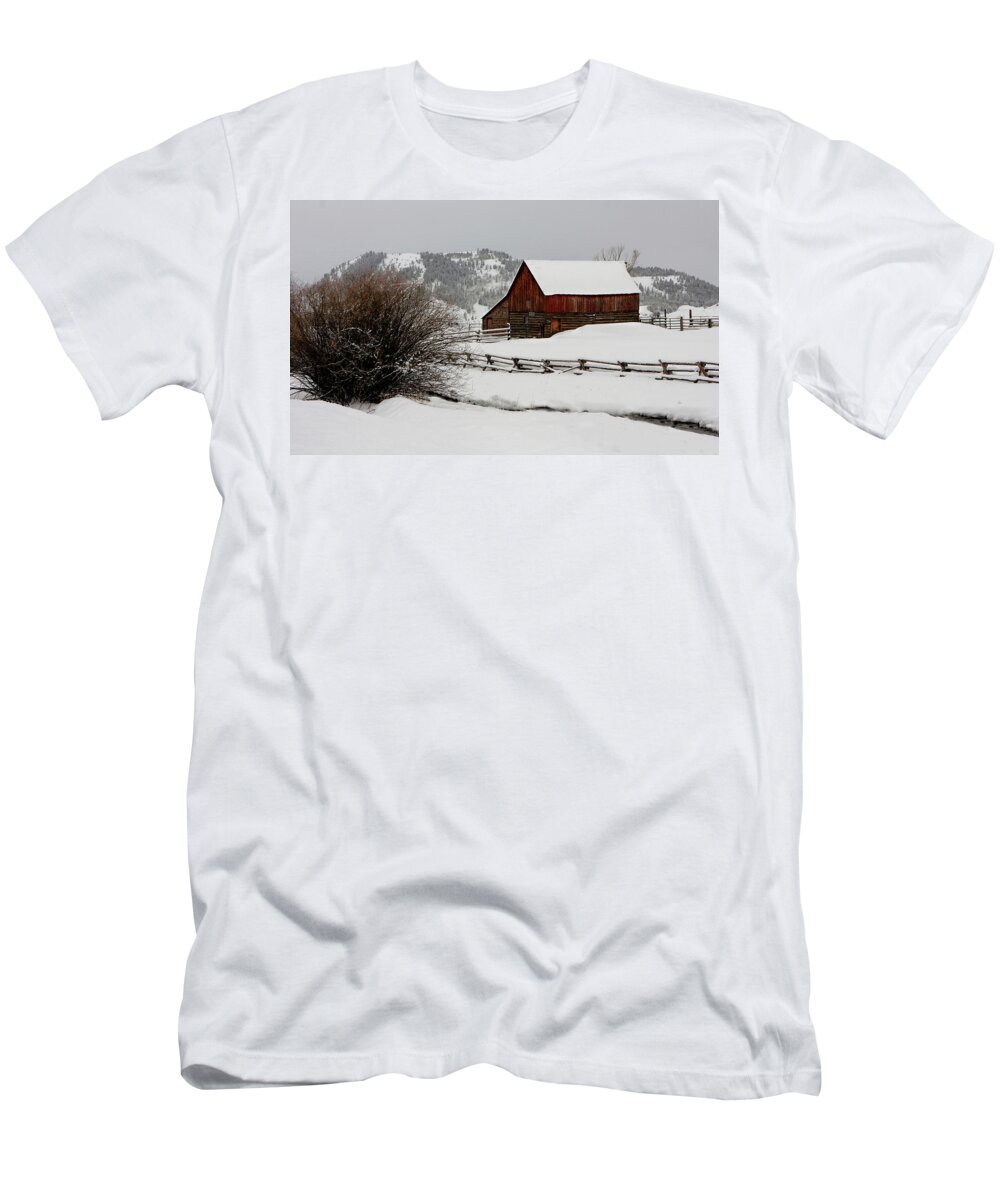 Barn T-Shirt featuring the photograph Winter Barn by Ronnie And Frances Howard