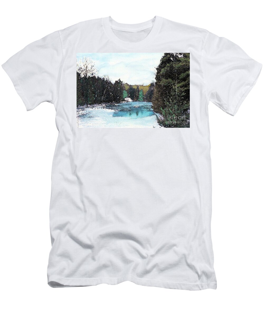River T-Shirt featuring the mixed media Winter in Kalkaska by Desiree Paquette