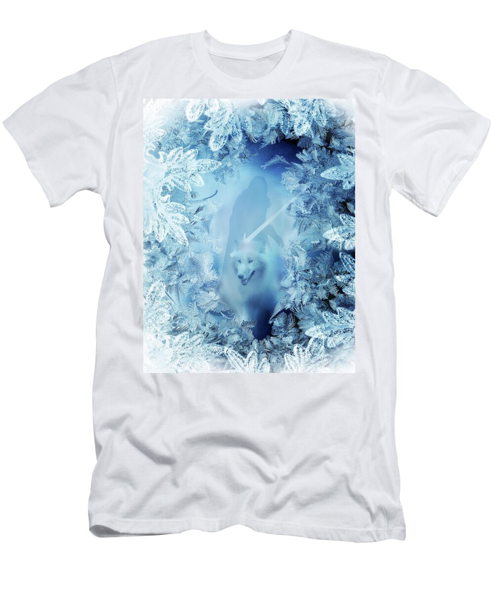 Jon Snow And Ghost T-Shirt featuring the digital art Winter is here - Jon snow and Ghost - game of thrones by Lilia S