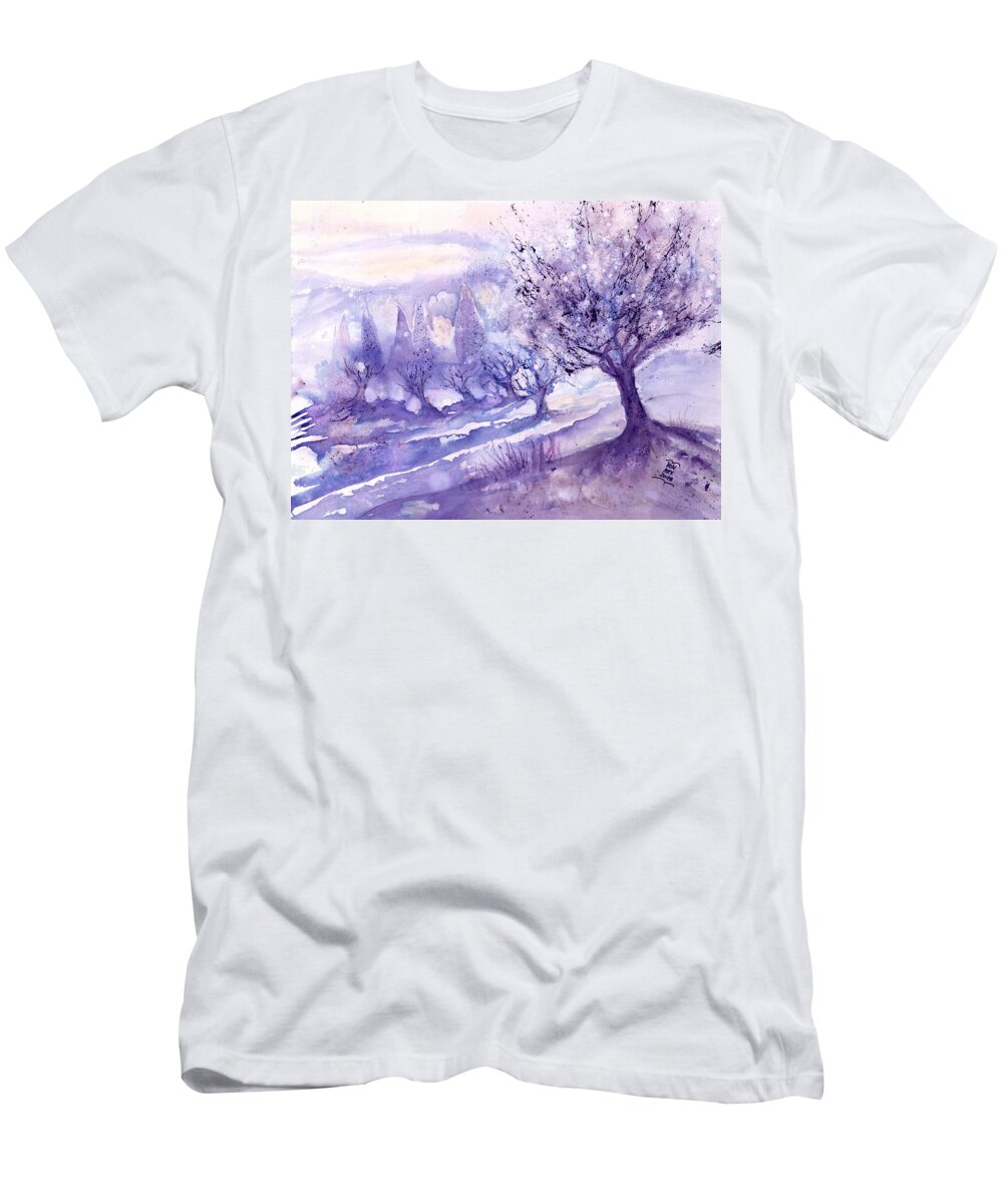 Mist T-Shirt featuring the painting Winter Landscape early Morning by Sabina Von Arx