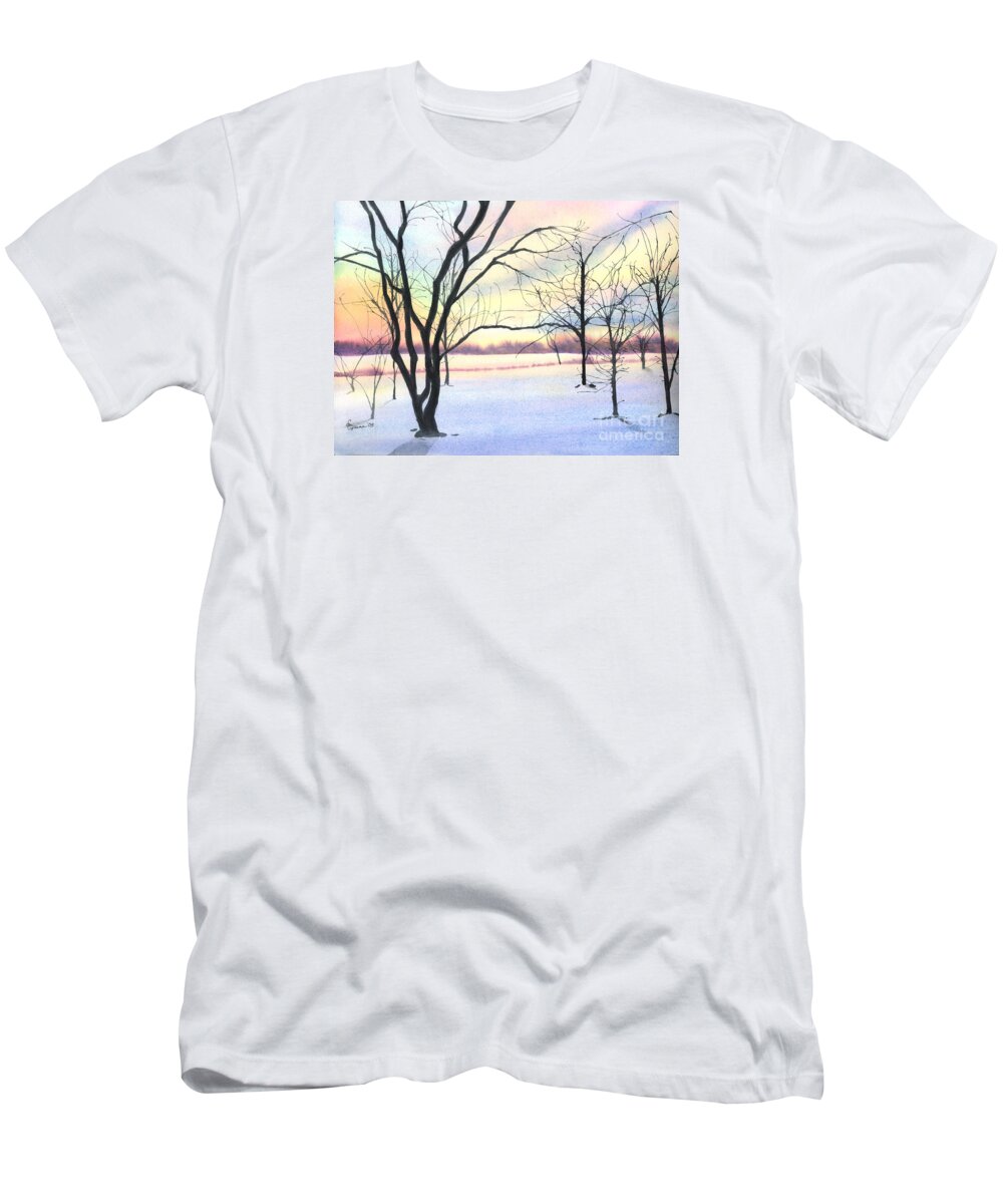 Sunrise T-Shirt featuring the painting Winter Sunrise by Lynn Quinn