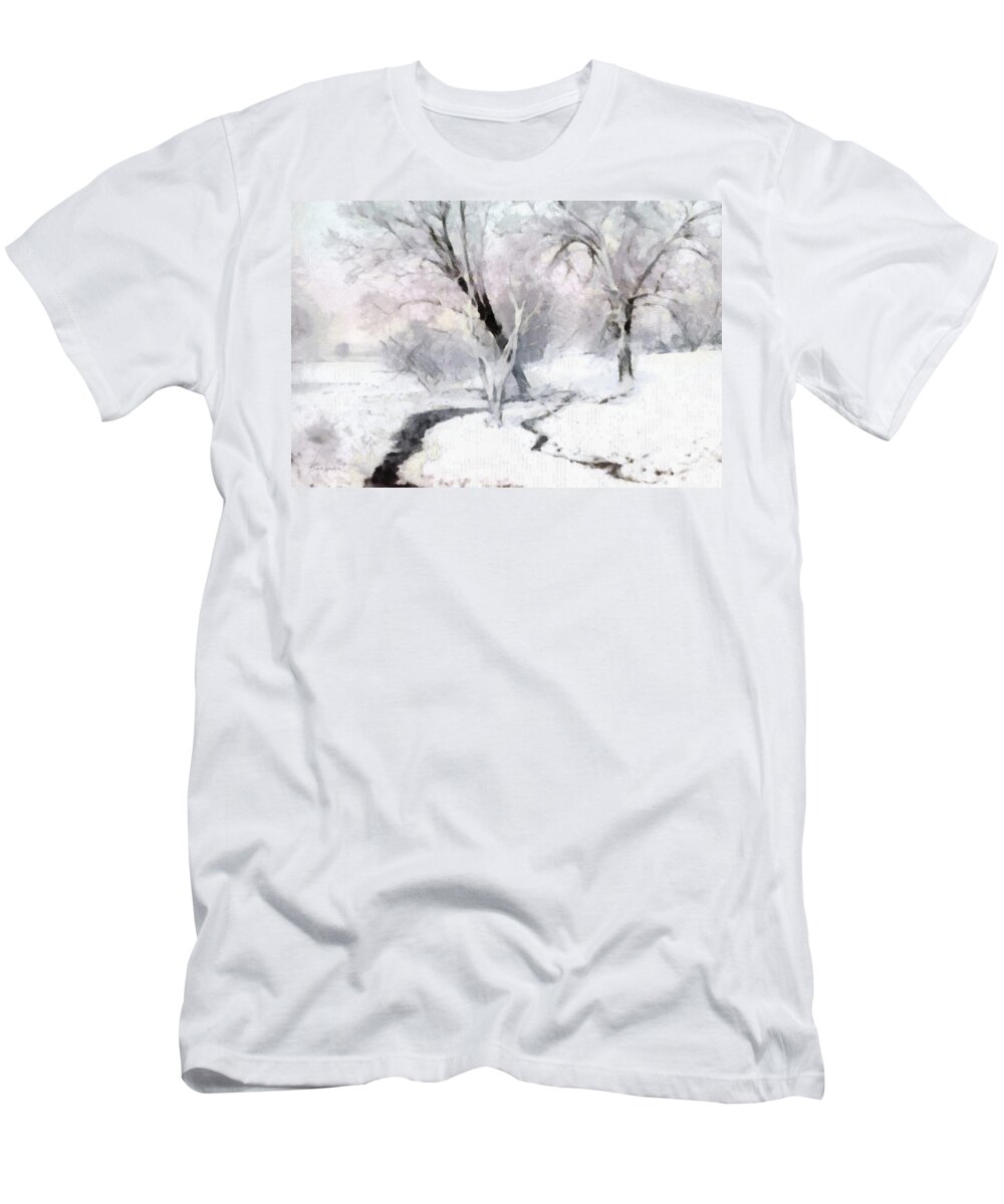 Winter Trees Field Meadow Cold Snow Snowy Landscape Frozen Sunset Sunrise Stream Creek Thaw Forest Woods T-Shirt featuring the digital art Winter Trees by Frances Miller