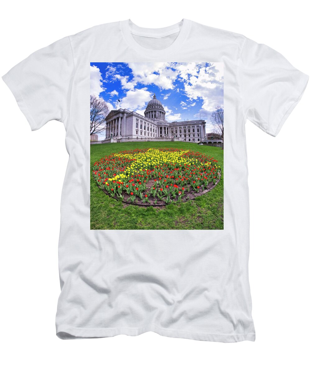 Wi T-Shirt featuring the photograph Wisconsin Capitol and Tulips 2 by Steven Ralser