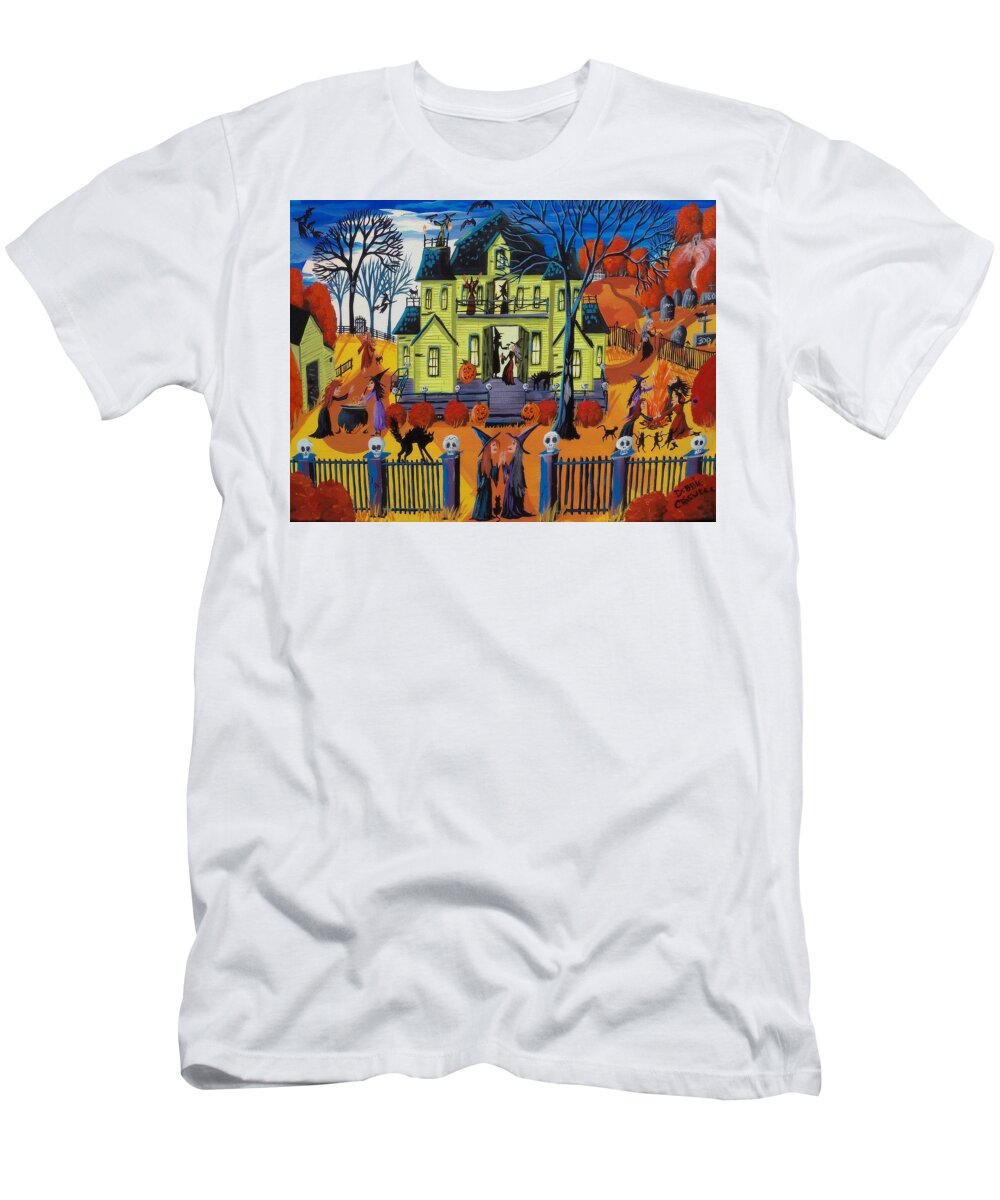 Halloween T-Shirt featuring the painting Witch Haven - house of witches by Debbie Criswell