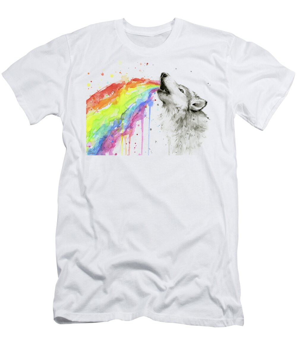 Watercolor T-Shirt featuring the painting Wolf and Rainbow by Olga Shvartsur