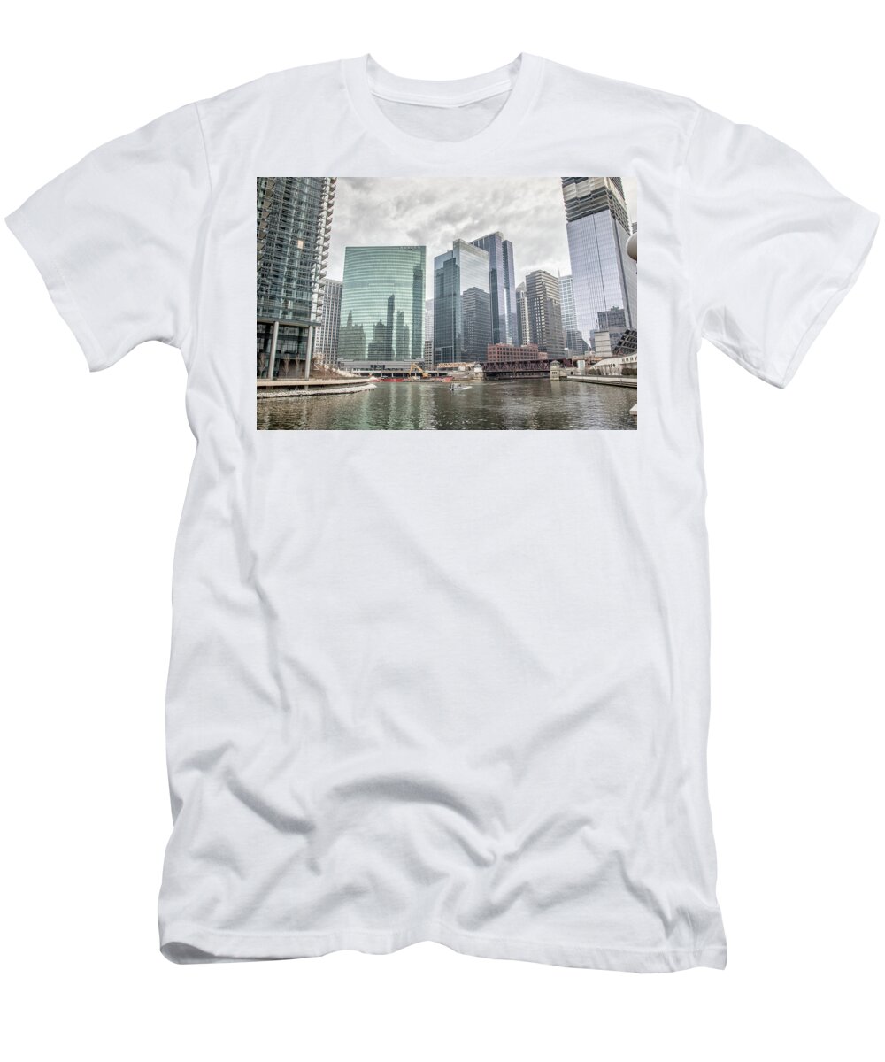 Architecture T-Shirt featuring the photograph Wolf Point Where the Chicago River Splits by Peter Ciro