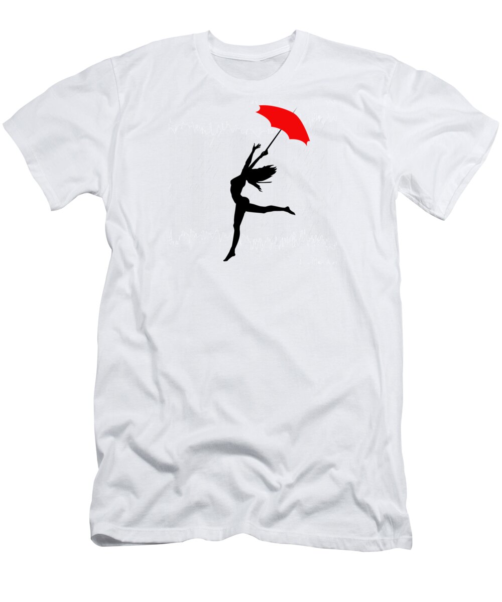 Abstract Woman Dancing In Rain T-Shirt featuring the digital art Woman Dancing In The Rain With Red Umbrella by Serena King