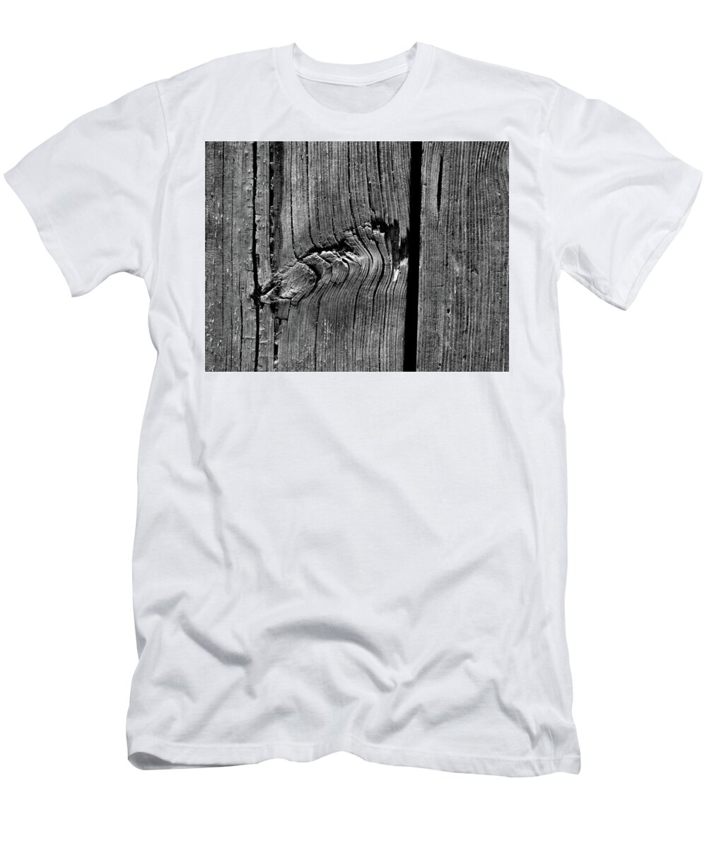 Black And White T-Shirt featuring the photograph Wooden Boards Of A Dock BW by Lyle Crump