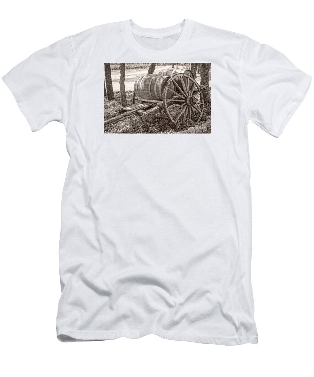 Wooden Wine Barrels T-Shirt featuring the photograph Wooden wine barrels on cart by Imagery by Charly