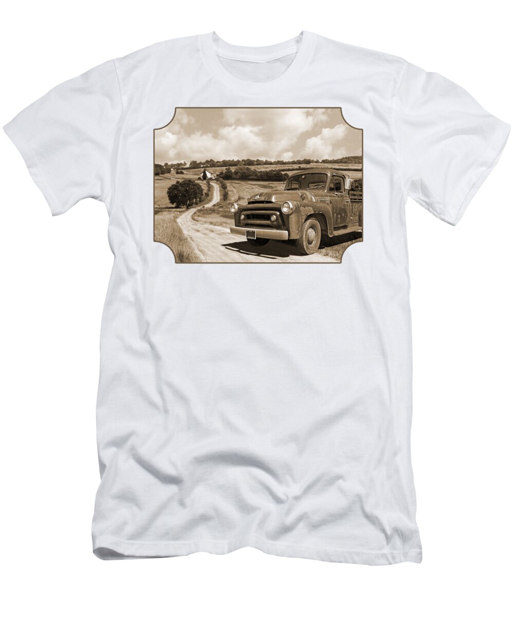 Farm Landscape T-Shirt featuring the photograph Down On The Fram - International Harvester in Sepia by Gill Billington