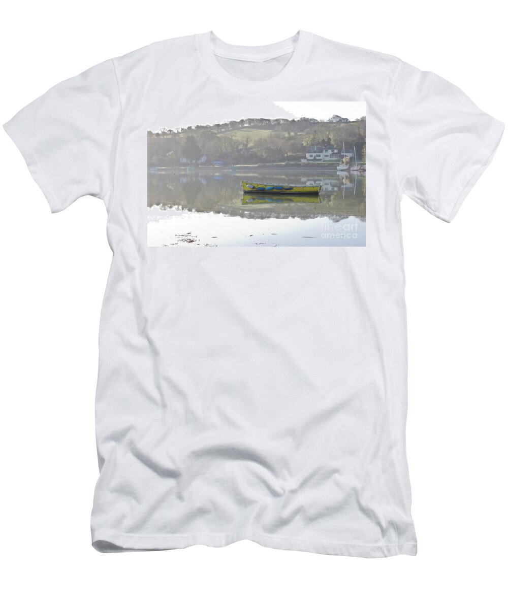 Mylor Creek T-Shirt featuring the photograph Yellow Boat on Misty Mylor Creek by Terri Waters