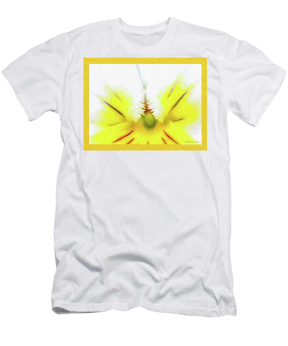Mona Stut T-Shirt featuring the photograph Viola Cornuta Horned Pansy Yellow Macro by Mona Stut