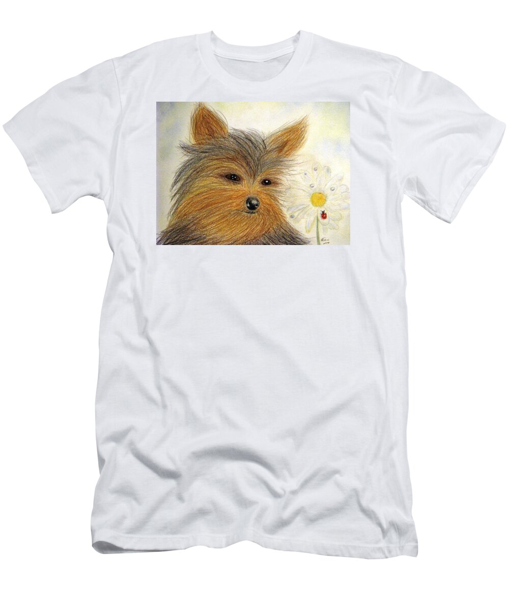 Yorkshire Terriers T-Shirt featuring the drawing Yorkie Summer Fun by Angela Davies