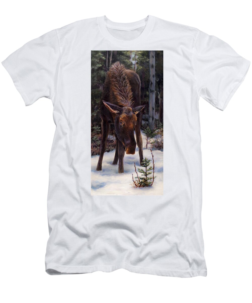 Alaskan Wildlife T-Shirt featuring the painting Young Moose and Snowy Forest Springtime in Alaska Wildlife Home Decor Painting by K Whitworth