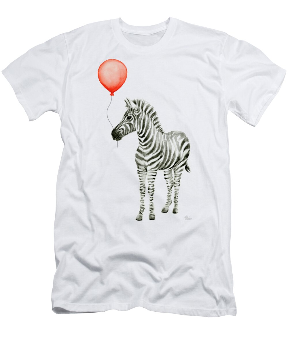 Zebra T-Shirt featuring the painting Zebra with Red Balloon Whimsical Baby Animals by Olga Shvartsur