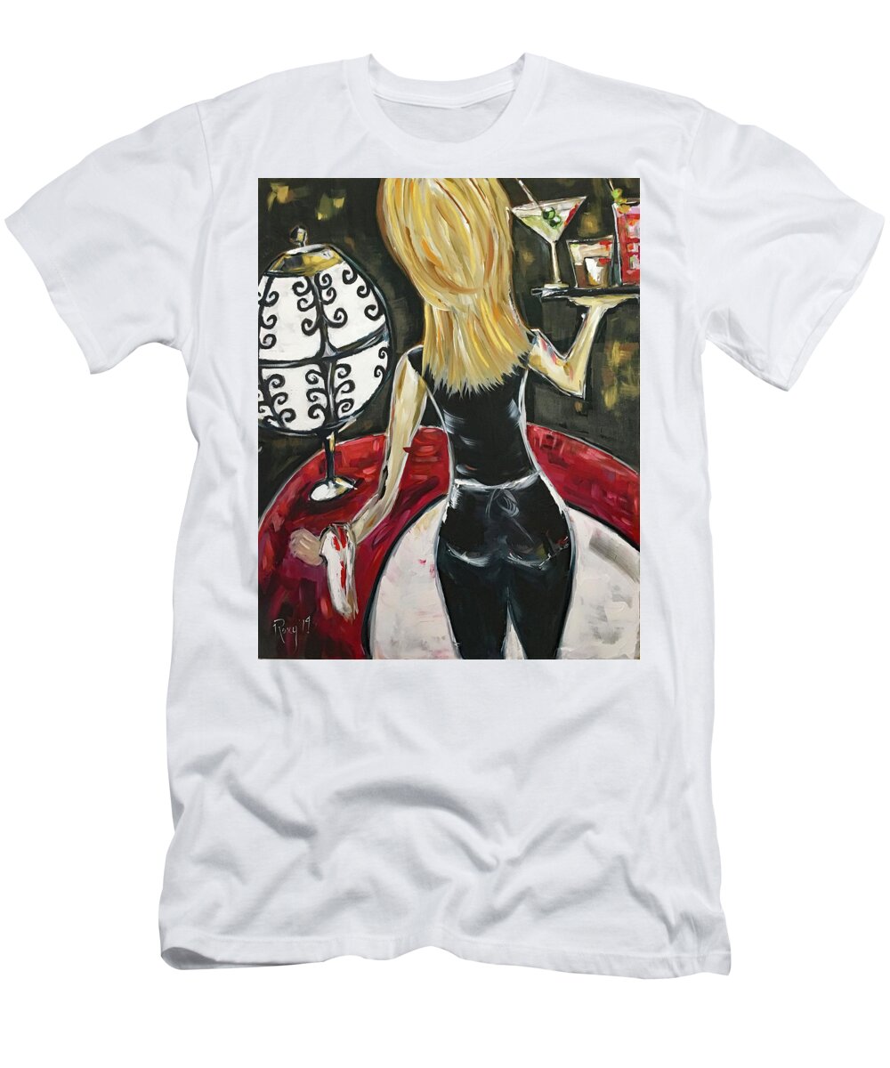 Bartender T-Shirt featuring the painting Bottoms Up featuring Roxy Rich #1 by Roxy Rich