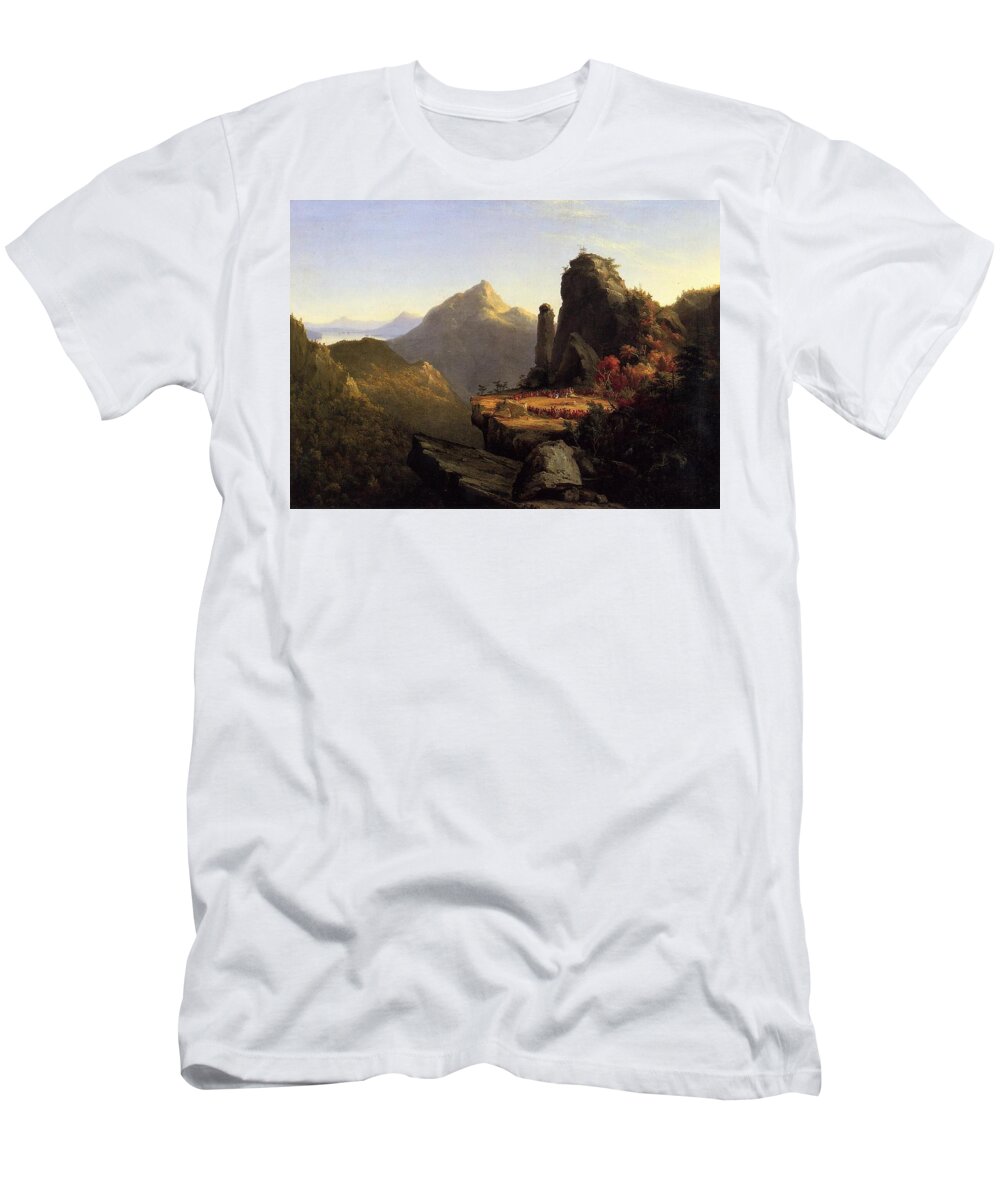 Scene From The Last Of The Mohicans T-Shirt featuring the painting Cora Kneeling at the Feet of Tanemund by MotionAge Designs