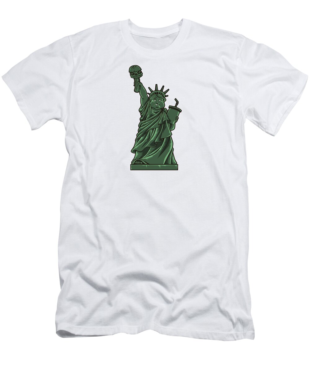 Fat T-Shirt featuring the digital art Fat Lady Liberty Fast Food Society Hamburger #1 by Mister Tee