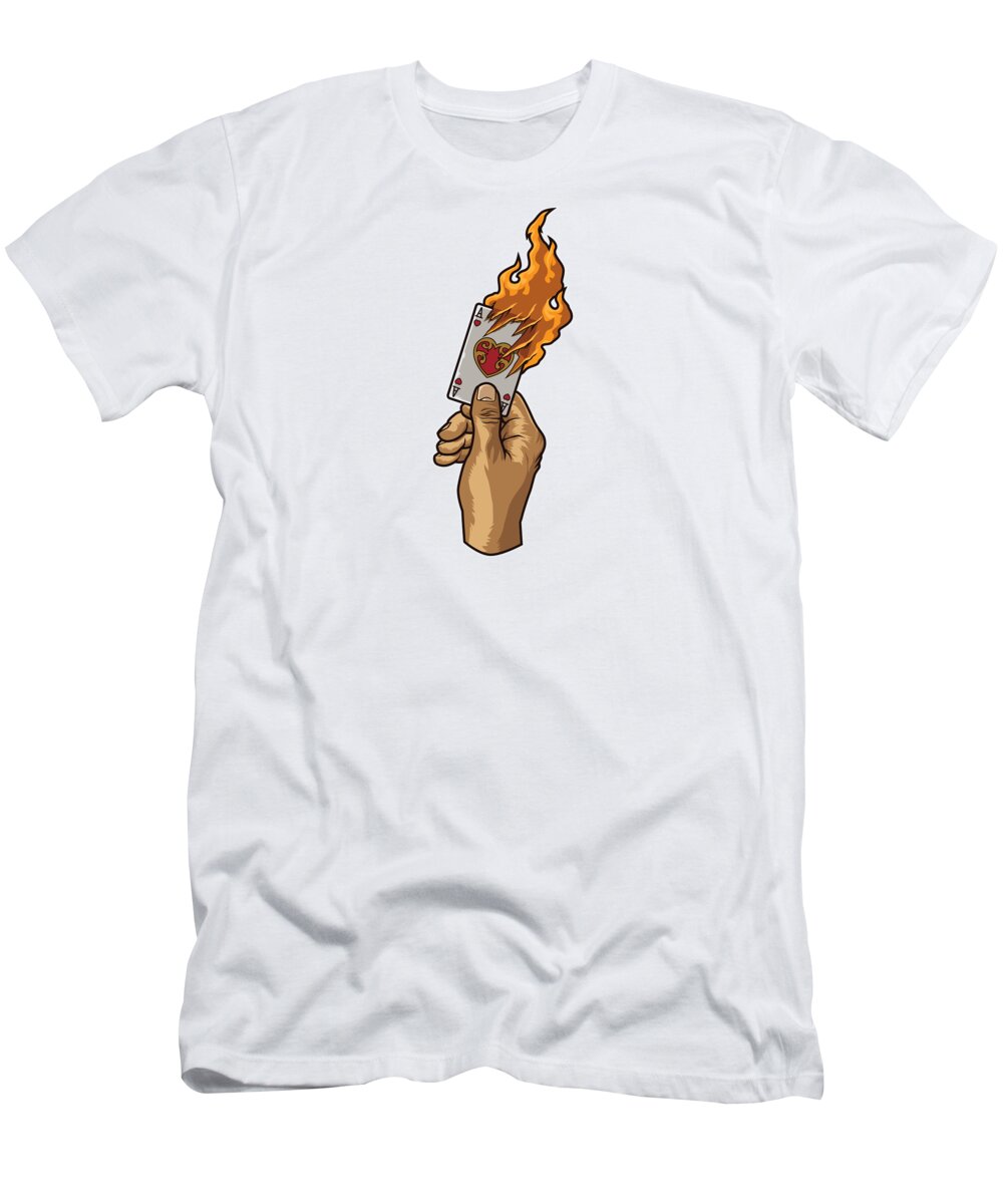 Lucky T-Shirt featuring the digital art Hand with Burning Ace Card Poker Luck Gambler #1 by Mister Tee