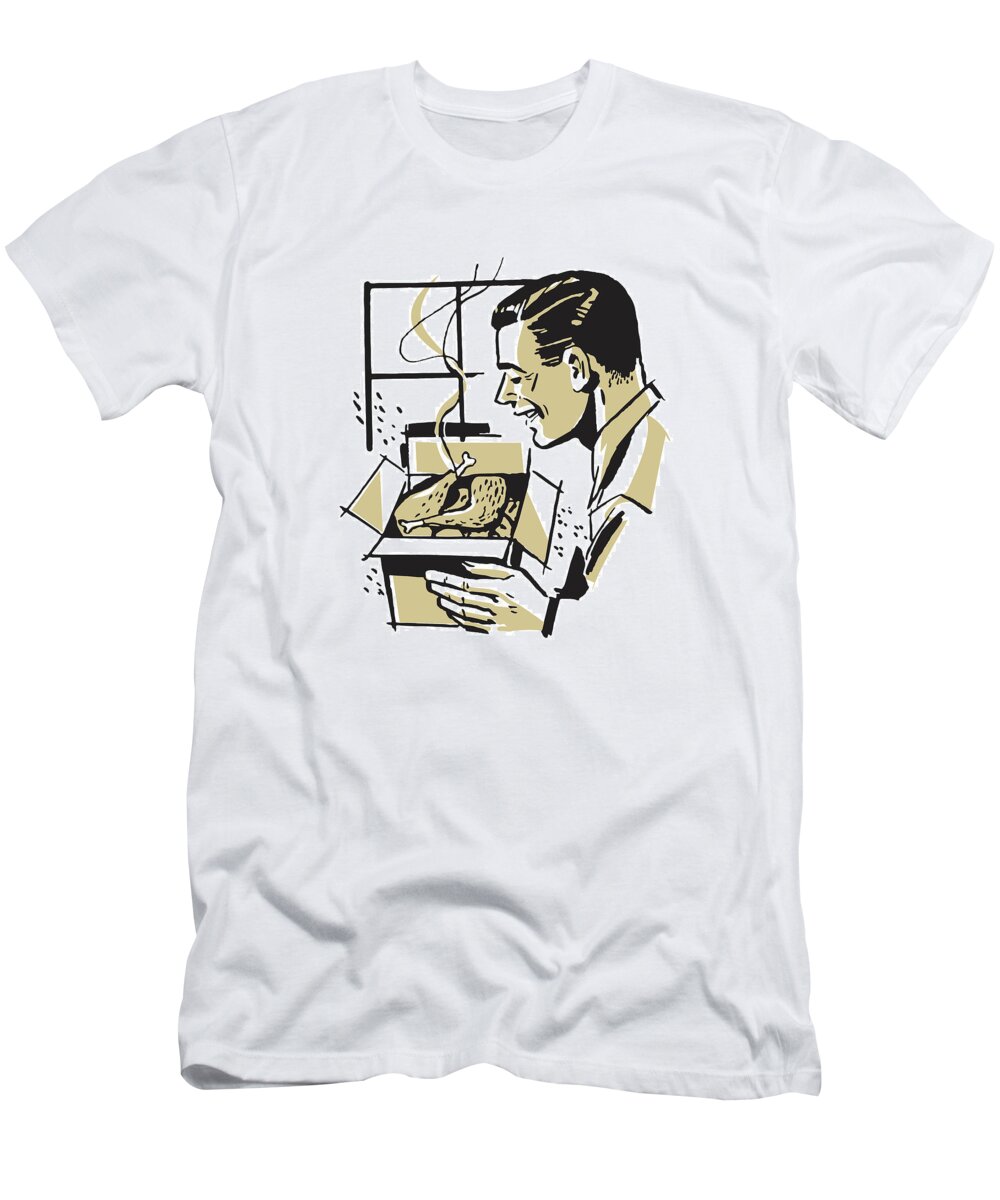 Adult T-Shirt featuring the drawing Man with Box of Cooked Chicken #1 by CSA Images