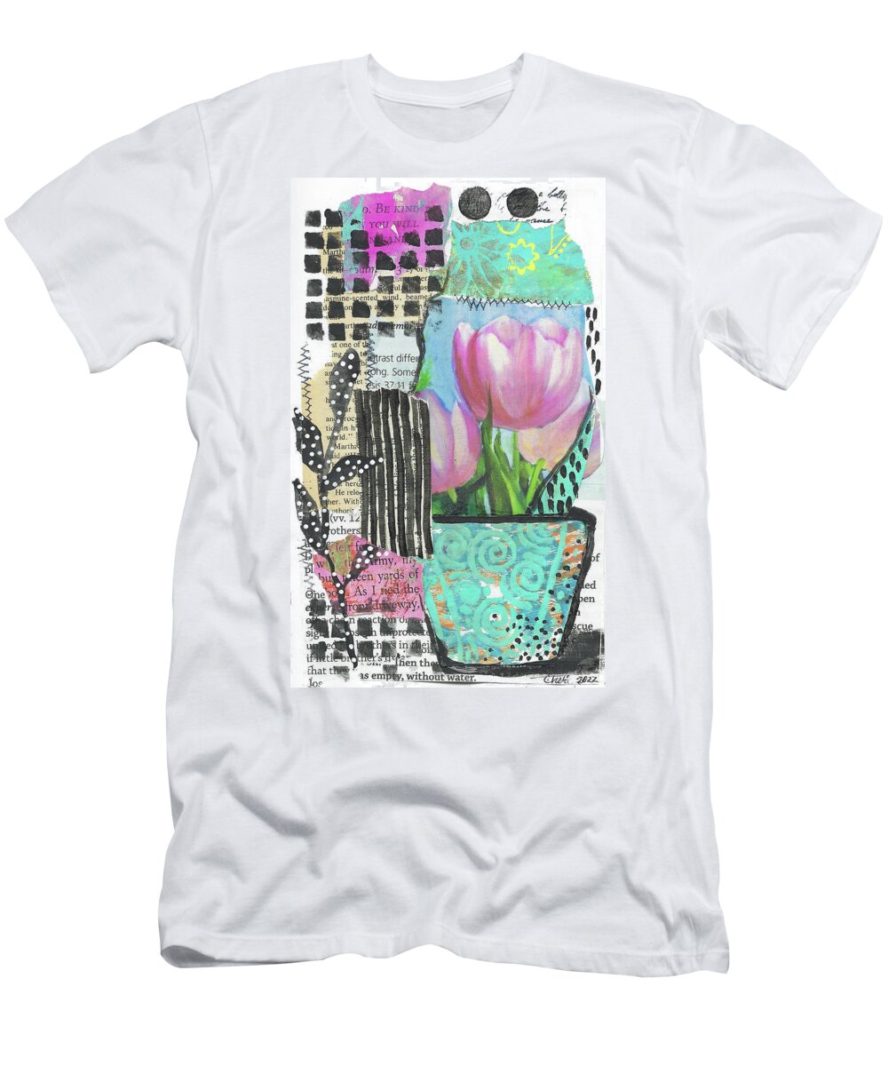 Mixed Media T-Shirt featuring the mixed media Pink Tulips Mixed Media Collage Original by Cheri Wollenberg by Cheri Wollenberg