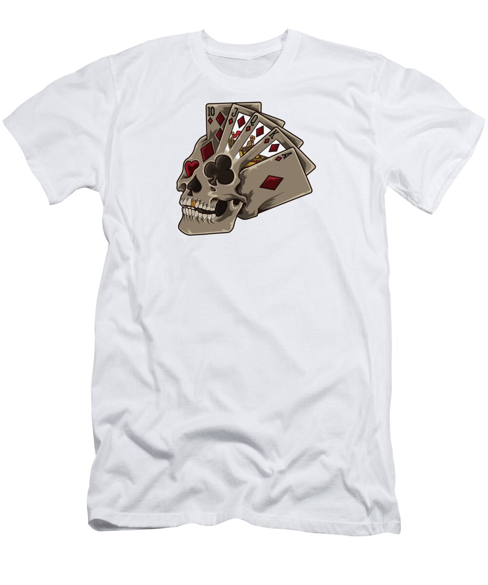 Lucky T-Shirt featuring the digital art Poker Skull Card Dealer Gambler Luck Jackpot #1 by Mister Tee