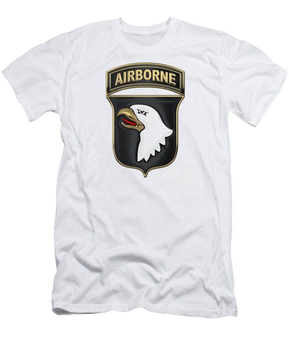 Military Insignia & Heraldry By Serge Averbukh T-Shirt featuring the digital art 101st Airborne Division - 101st A B N Insignia over White Leather by Serge Averbukh