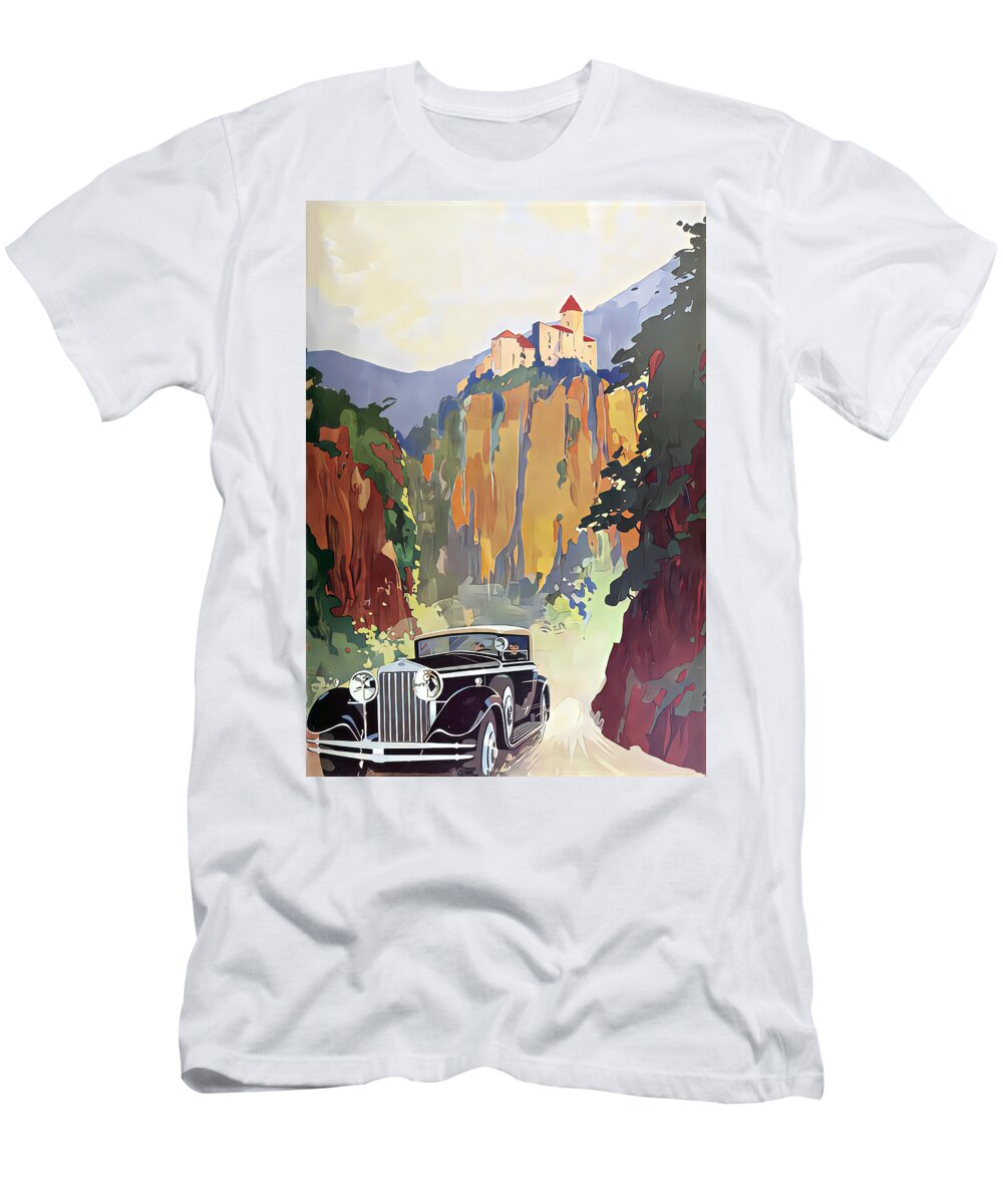Vintage T-Shirt featuring the mixed media 1930 Isotta Fraschini At Speed Country Road With Castle Background Original French Art Deco Illustration by Retrographs