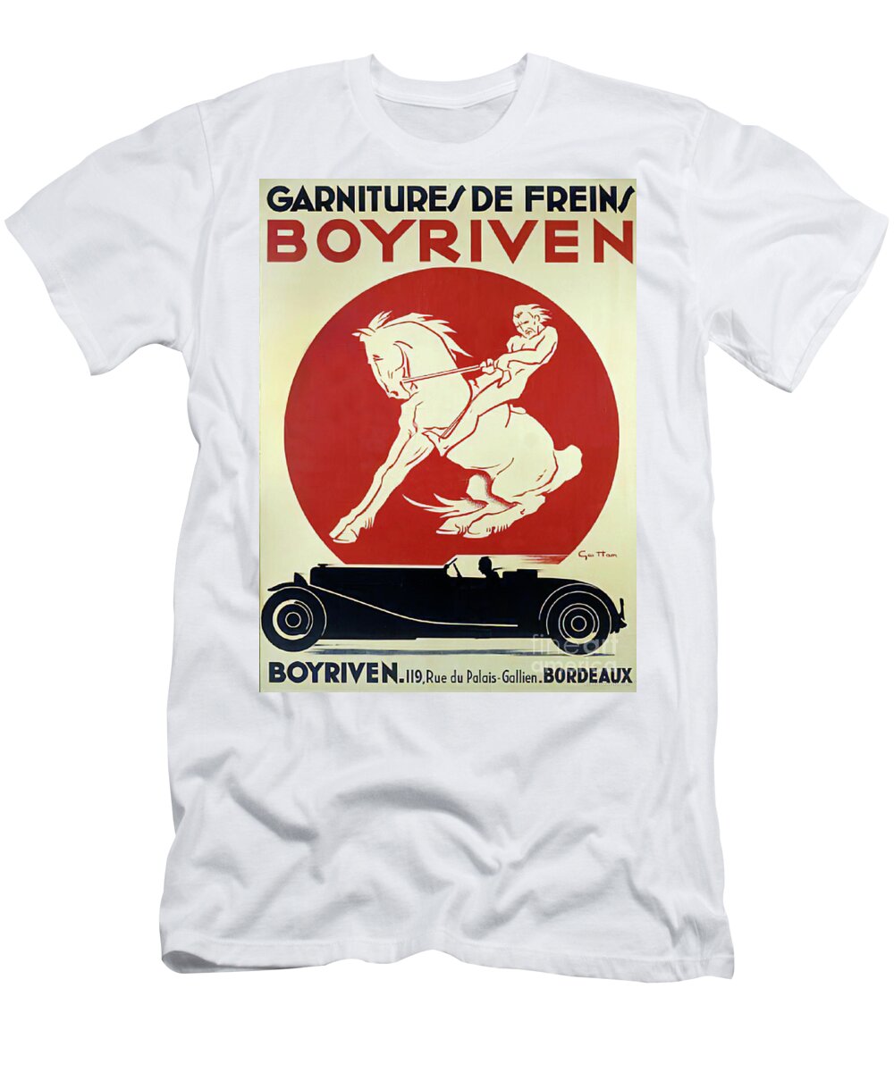 Vintage T-Shirt featuring the mixed media 1930s Boyriven Garniture De Freins Advertisement With Roadster And Horse by Retrographs