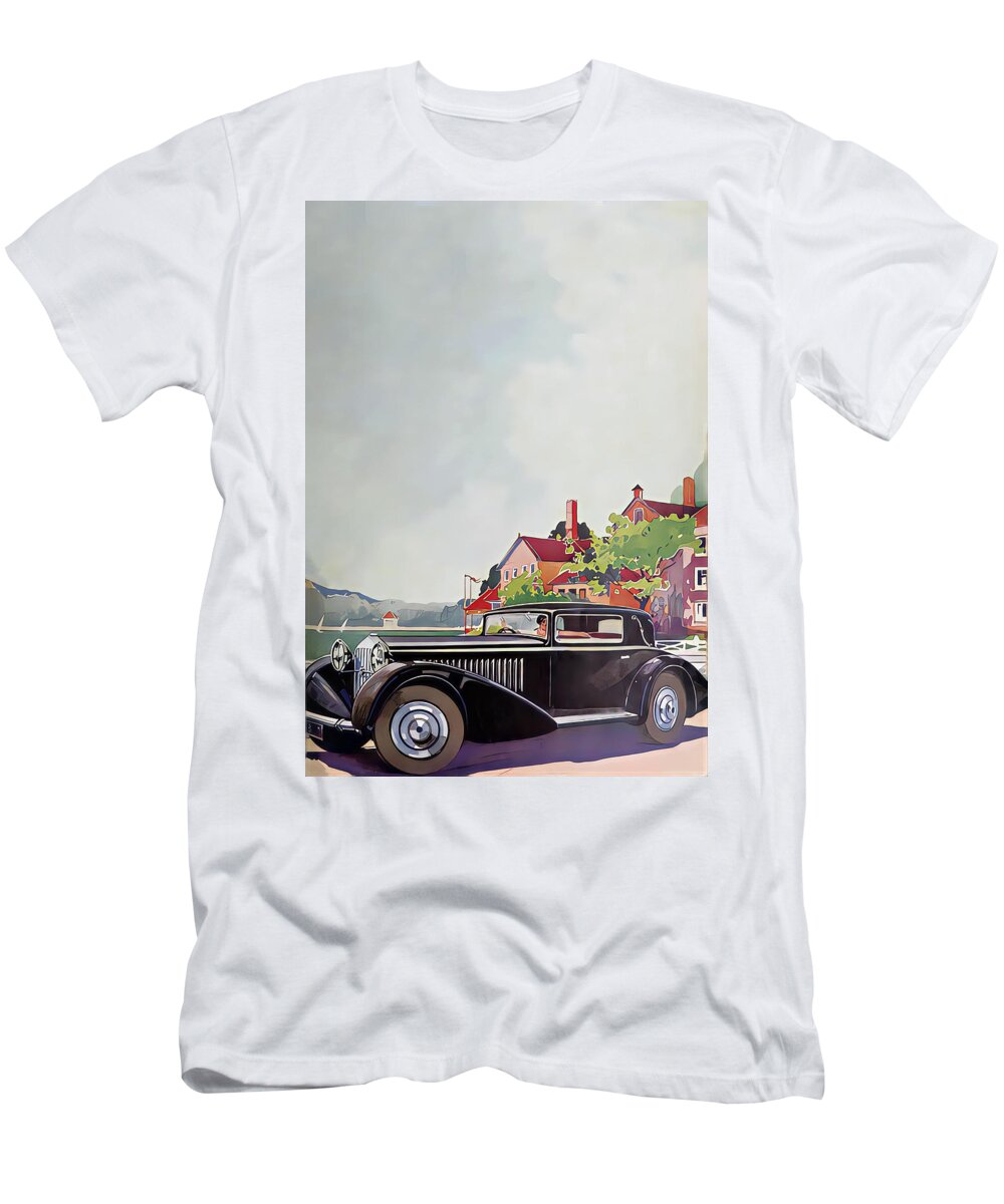 Vintage T-Shirt featuring the mixed media 1933 Delage Coupe With Woman Driver In Elegant Lakeside Setting Original French Art Deco Illustration by Retrographs