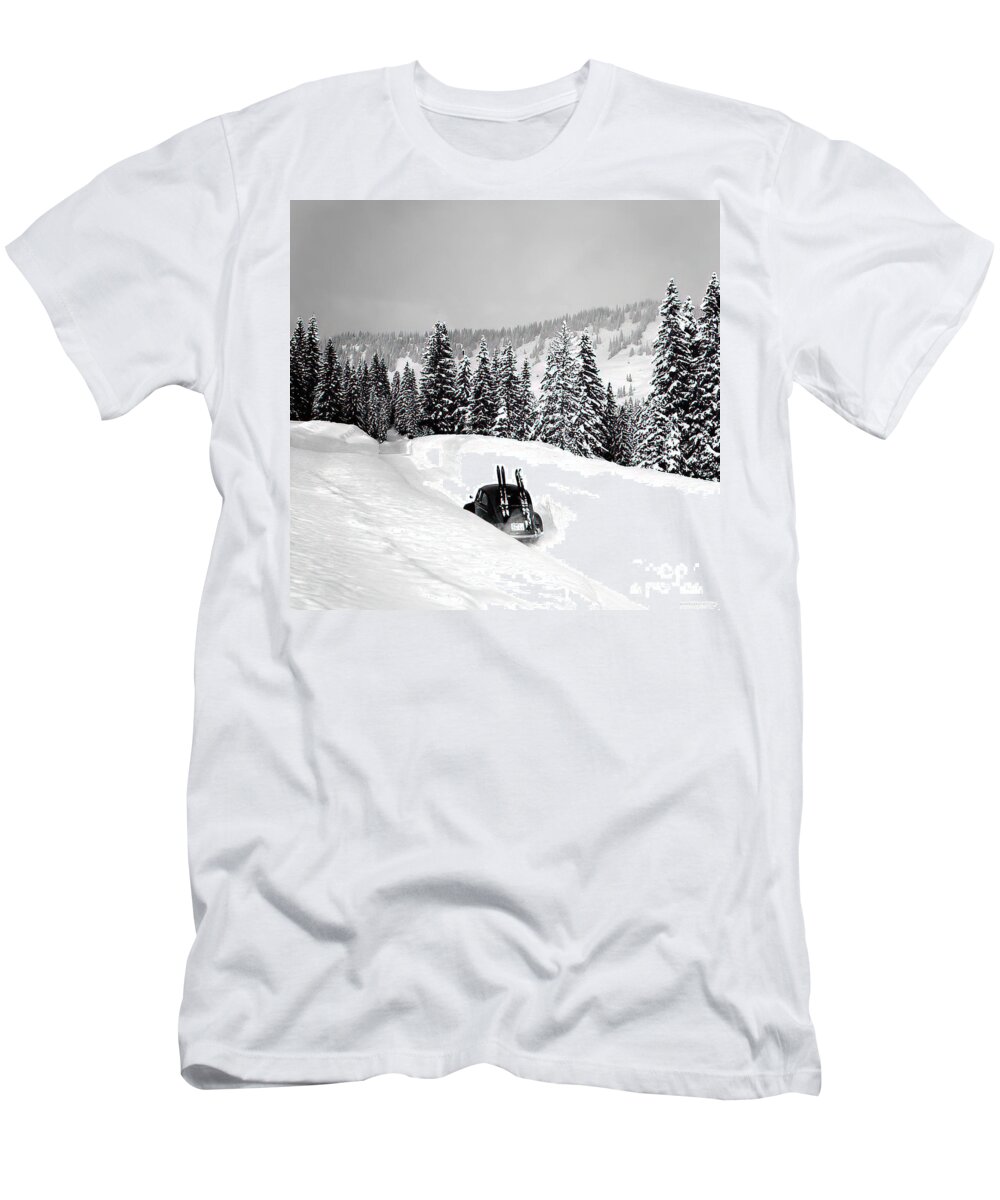 Vintage T-Shirt featuring the photograph 1960 Volkswagen With Ski Rack In Deep Snow by Retrographs