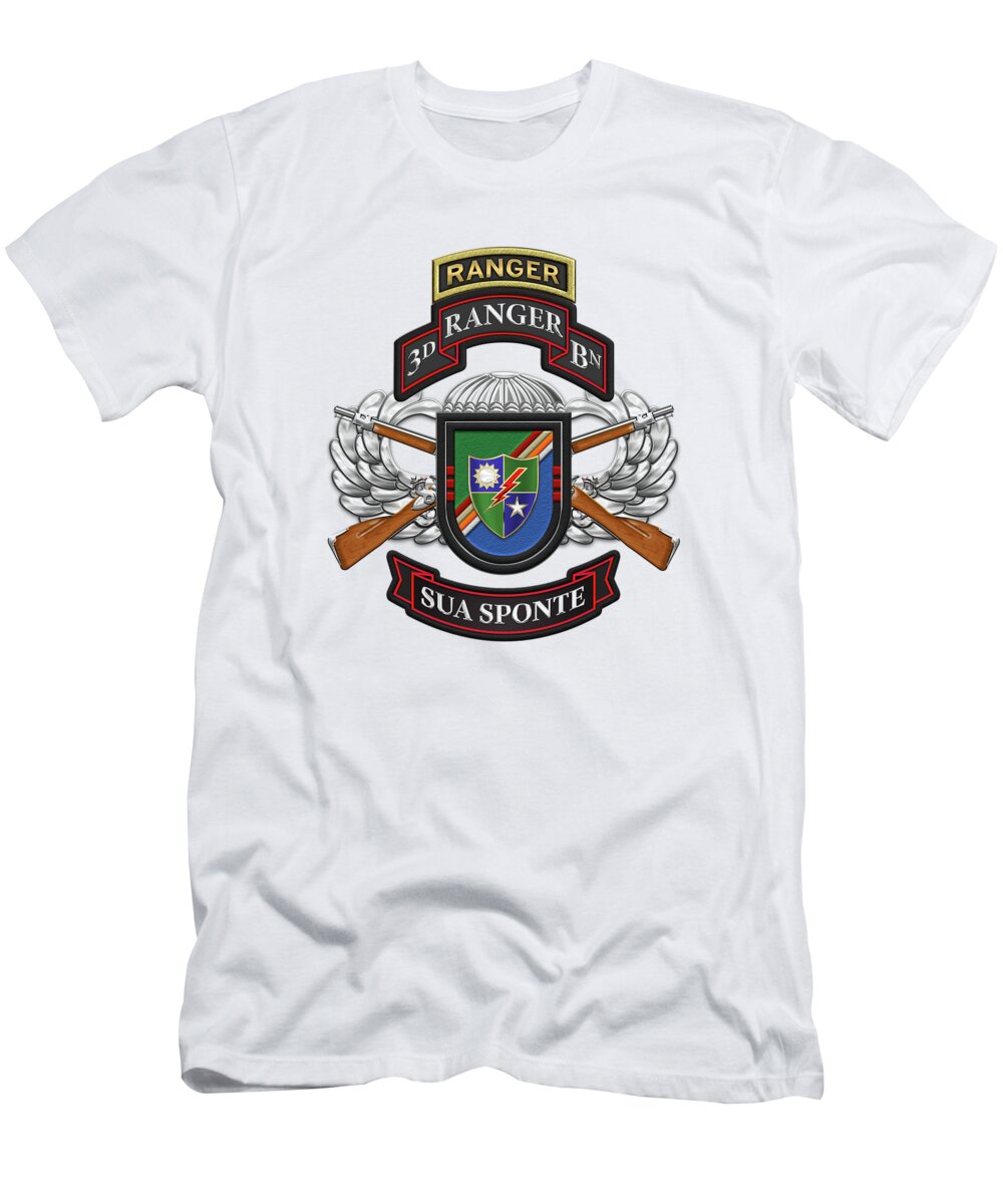  Military Insignia & Heraldry By Serge Averbukh T-Shirt featuring the digital art 3rd Ranger Battalion- Army Rangers Special Edition over White Leather by Serge Averbukh