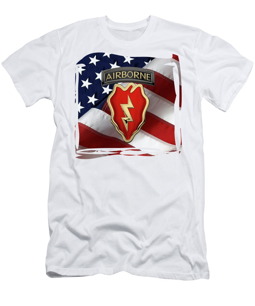 Military Insignia & Heraldry By Serge Averbukh T-Shirt featuring the digital art 4th Brigade Combat Team 25th Infantry Division Airborne - 4th I B C T Insignia over American Flag by Serge Averbukh