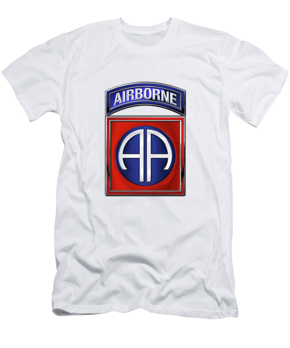Military Insignia & Heraldry By Serge Averbukh T-Shirt featuring the digital art 82nd Airborne Division - 82 A B N Insignia over White Leather by Serge Averbukh