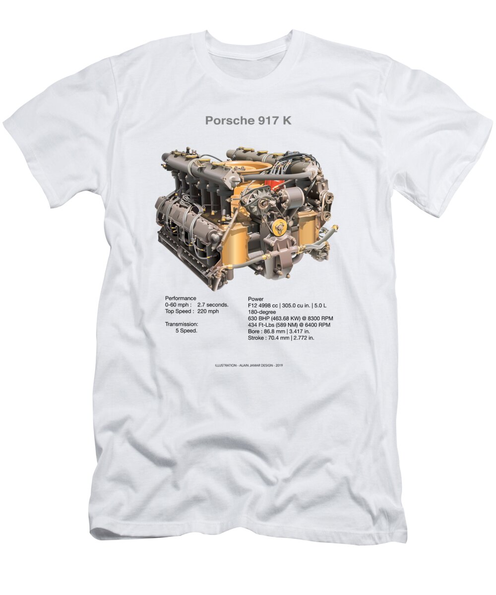917 Porsche Engine Illustration T-Shirt featuring the drawing 917 Porsche Engine Illustration by Alain Jamar
